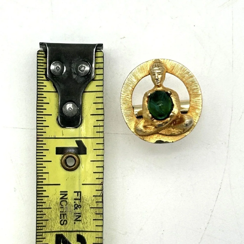 Vintage 1960s Buddha Cufflinks Gold Tone Green Cabochon Meditative Style 1